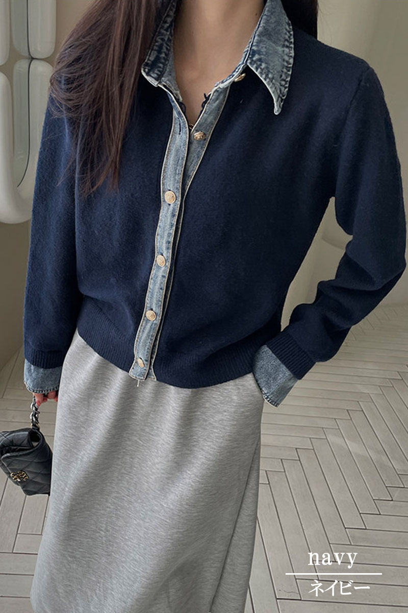 レイヤード風 デニム ニット カーディガン ドッキング シャツ 襟付き カジュアル 重ね着風 デニム切替 レディース 配色 ニットカーディガン 長袖 |  | 18