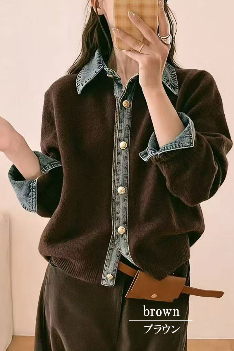 レイヤード風 デニム ニット カーディガン ドッキング シャツ 襟付き カジュアル 重ね着風 デニム切替 レディース 配色 ニットカーディガン 長袖 |  | 21