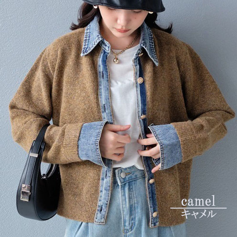 レイヤード風 デニム ニット カーディガン ドッキング シャツ 襟付き カジュアル 重ね着風 デニム切替 レディース 配色 ニットカーディガン 長袖 |  | 01