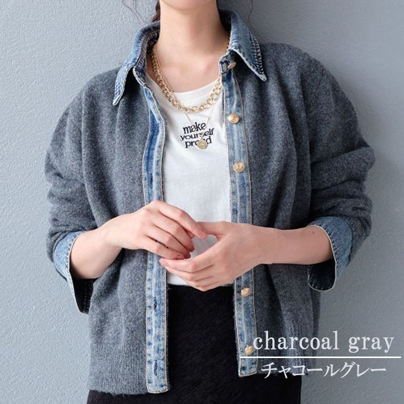 レイヤード風 デニム ニット カーディガン ドッキング シャツ 襟付き カジュアル 重ね着風 デニム切替 レディース 配色 ニットカーディガン 長袖 |  | 02