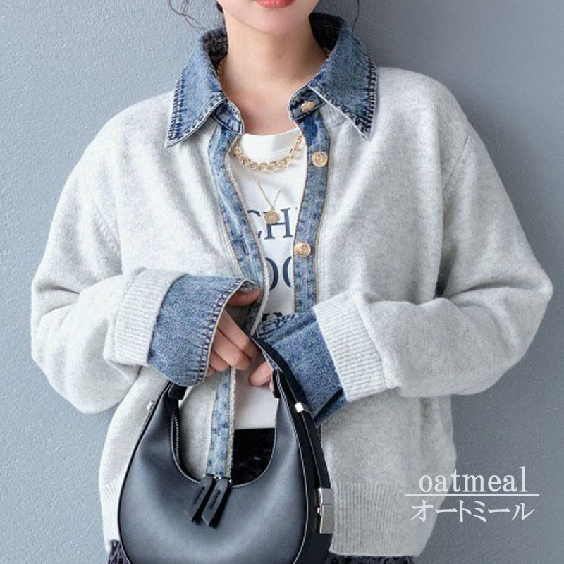 レイヤード風 デニム ニット カーディガン ドッキング シャツ 襟付き カジュアル 重ね着風 デニム切替 レディース 配色 ニットカーディガン 長袖 |  | 03