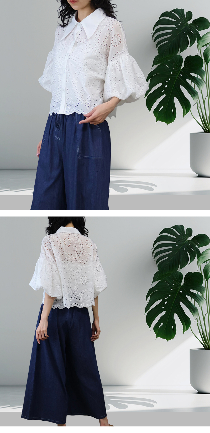 ブラウス バルーン袖 オフィス 刺繍 レース ししゅう たっぷり袖 シャツ 綿100% 大人 |  | 04