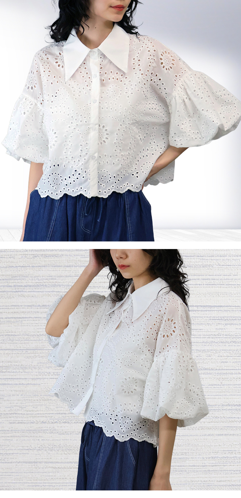 ブラウス バルーン袖 オフィス 刺繍 レース ししゅう たっぷり袖 シャツ 綿100% 大人 |  | 06