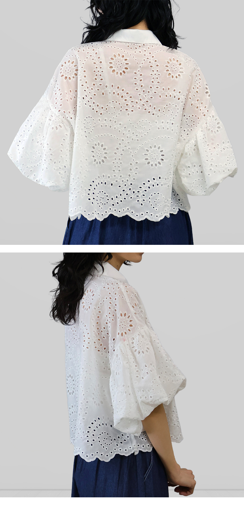 ブラウス バルーン袖 オフィス 刺繍 レース ししゅう たっぷり袖 シャツ 綿100% 大人 |  | 07