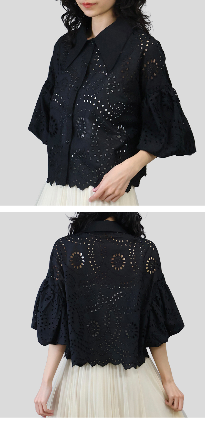 ブラウス バルーン袖 オフィス 刺繍 レース ししゅう たっぷり袖 シャツ 綿100% 大人 |  | 10