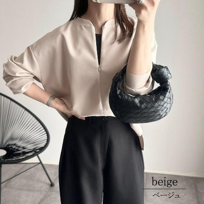 カットソー 長袖 レディース ダンボールニット 秋 マオカラー  ハイネック フロントファスナー ニット 杢 スタンドネック きれいめ カフス 上質 大人 |  | 02