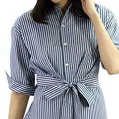 ストライプ ワンピース レディース ロング 七分袖 上品 シャツワンピース ウエストリボン きれいめ しわになりにくい dress |  | 07