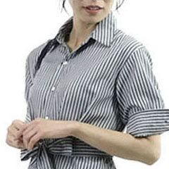 ストライプ ワンピース レディース ロング 七分袖 上品 シャツワンピース ウエストリボン きれいめ しわになりにくい dress |  | 09