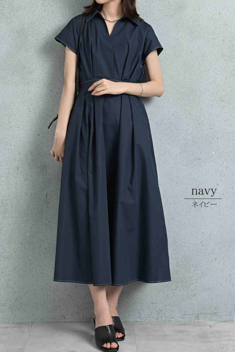 シャツワンピース 半袖 レディース きれいめ ストライプ 無地 着痩せ ロング 上品 スキッパー dress |  | 15