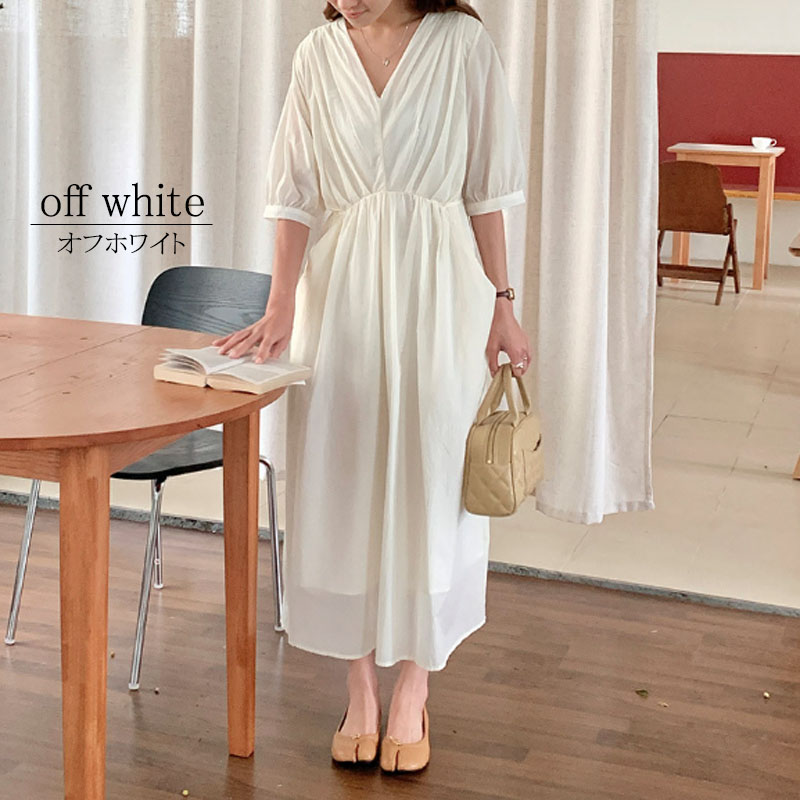 ワンピース 半袖 レディース ロングワンピース タック Vネック 着やせ 配色 きれいめ 旅行 脚長効果 dress |  | 06