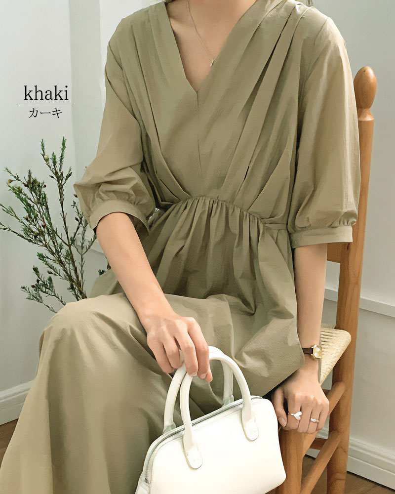 ワンピース 半袖 レディース ロングワンピース タック Vネック 着やせ 配色 きれいめ 旅行 脚長効果 dress |  | 07