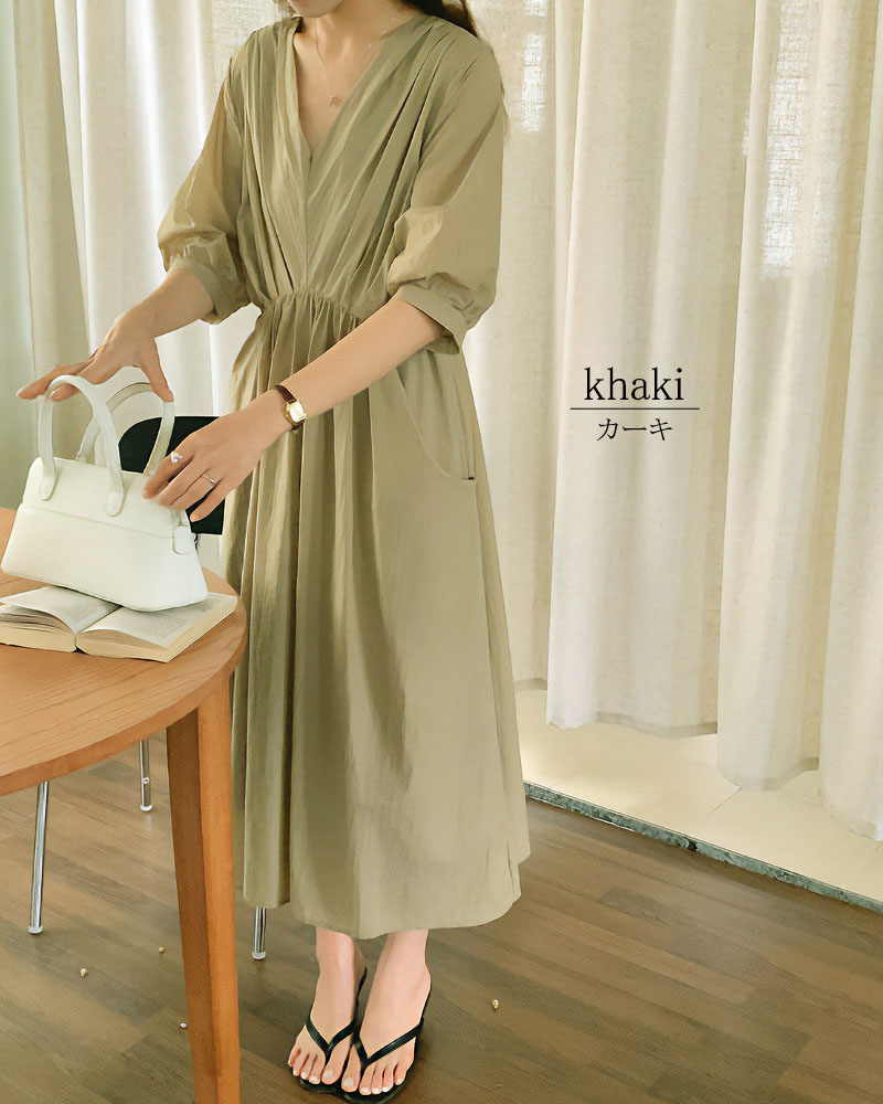 ワンピース 半袖 レディース ロングワンピース タック Vネック 着やせ 配色 きれいめ 旅行 脚長効果 dress |  | 08