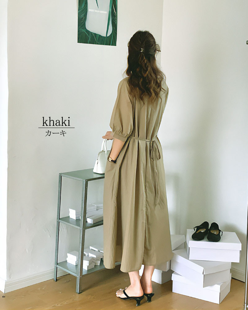 ワンピース 半袖 レディース ロングワンピース タック Vネック 着やせ 配色 きれいめ 旅行 脚長効果 dress |  | 09