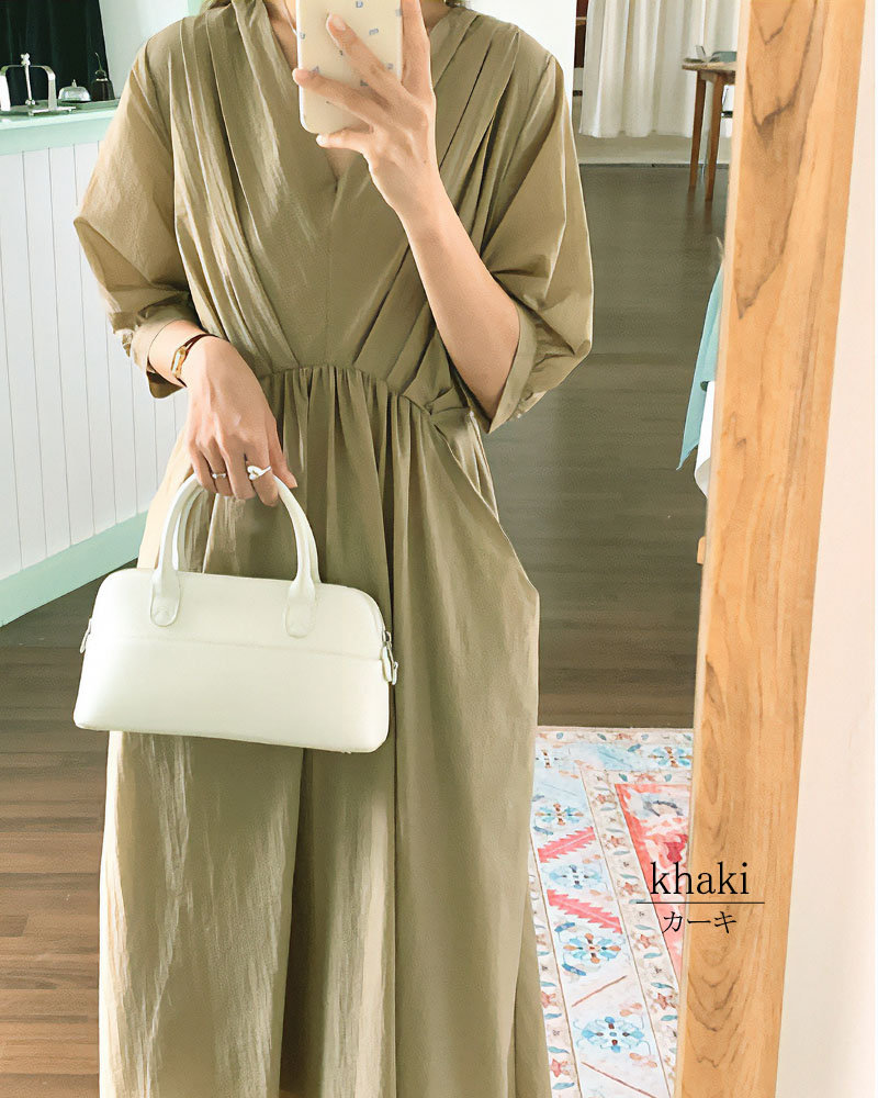 ワンピース 半袖 レディース ロングワンピース タック Vネック 着やせ 配色 きれいめ 旅行 脚長効果 dress |  | 10