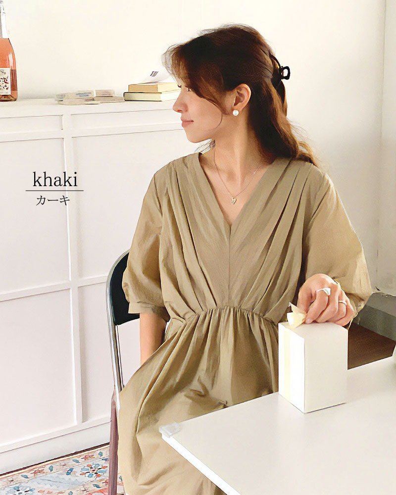 ワンピース 半袖 レディース ロングワンピース タック Vネック 着やせ 配色 きれいめ 旅行 脚長効果 dress |  | 11