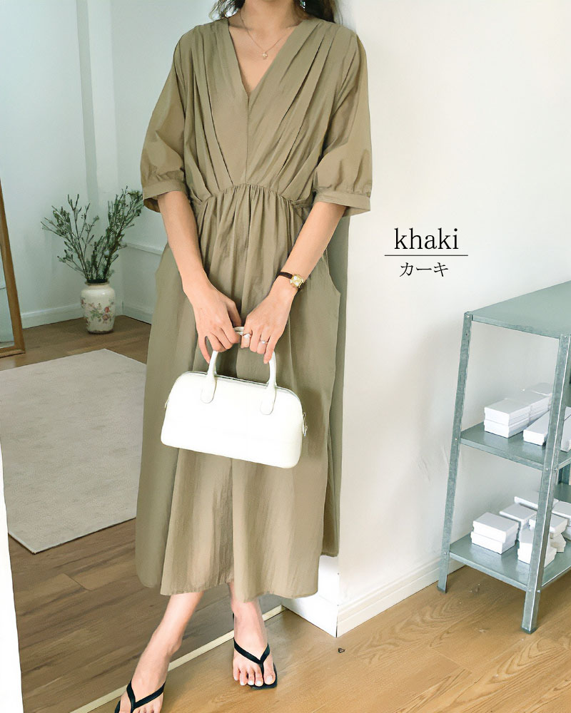 ワンピース 半袖 レディース ロングワンピース タック Vネック 着やせ 配色 きれいめ 旅行 脚長効果 dress |  | 12