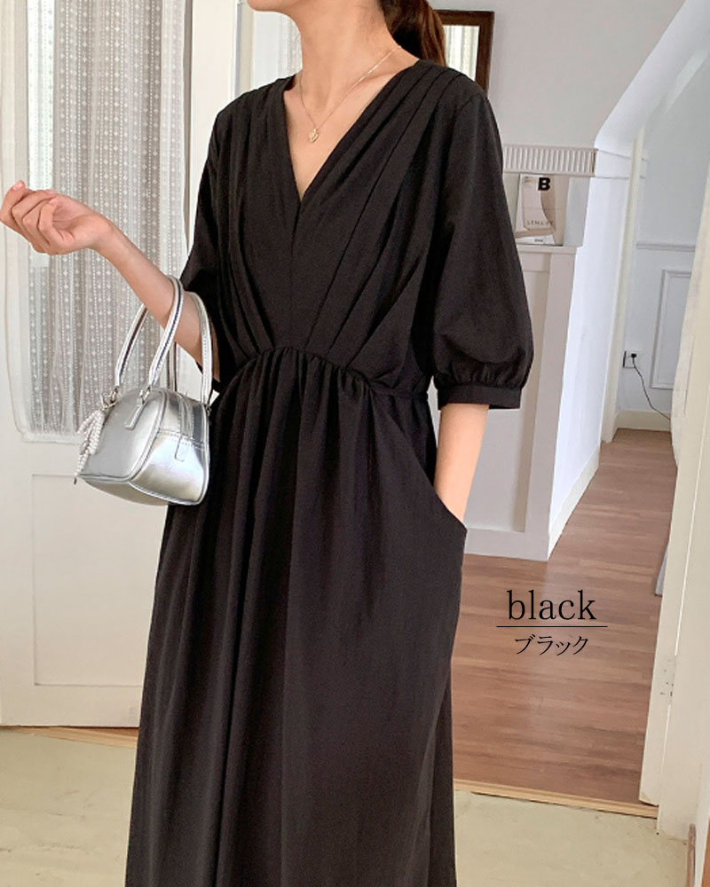ワンピース 半袖 レディース ロングワンピース タック Vネック 着やせ 配色 きれいめ 旅行 脚長効果 dress |  | 13