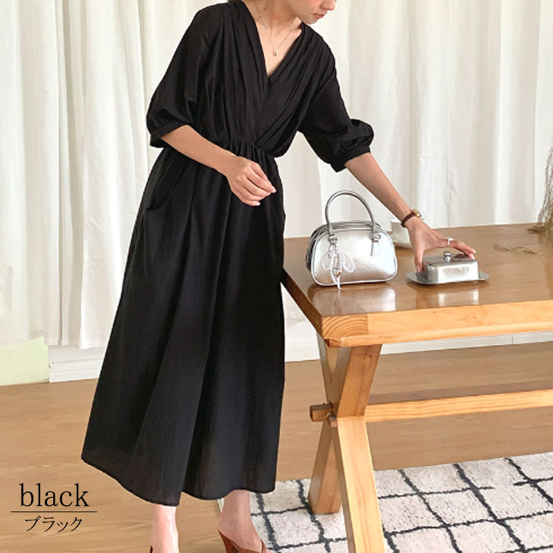 ワンピース 半袖 レディース ロングワンピース タック Vネック 着やせ 配色 きれいめ 旅行 脚長効果 dress |  | 14