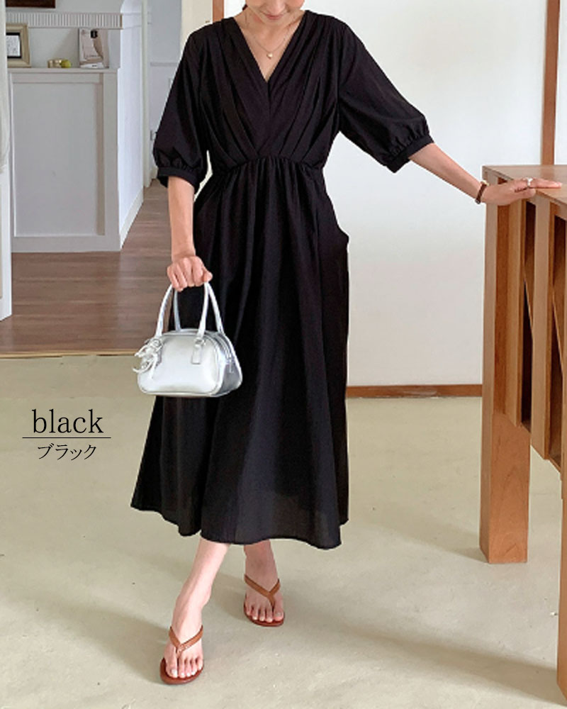 ワンピース 半袖 レディース ロングワンピース タック Vネック 着やせ 配色 きれいめ 旅行 脚長効果 dress |  | 15