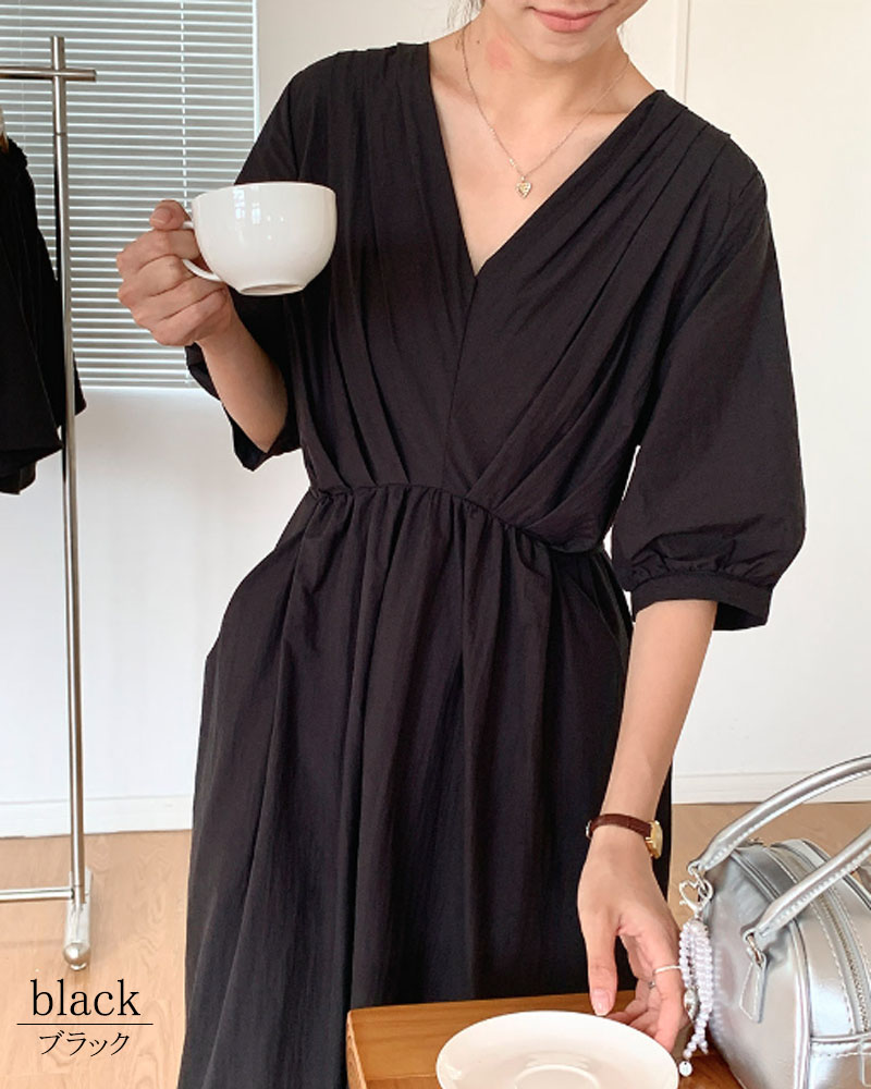 ワンピース 半袖 レディース ロングワンピース タック Vネック 着やせ 配色 きれいめ 旅行 脚長効果 dress |  | 17