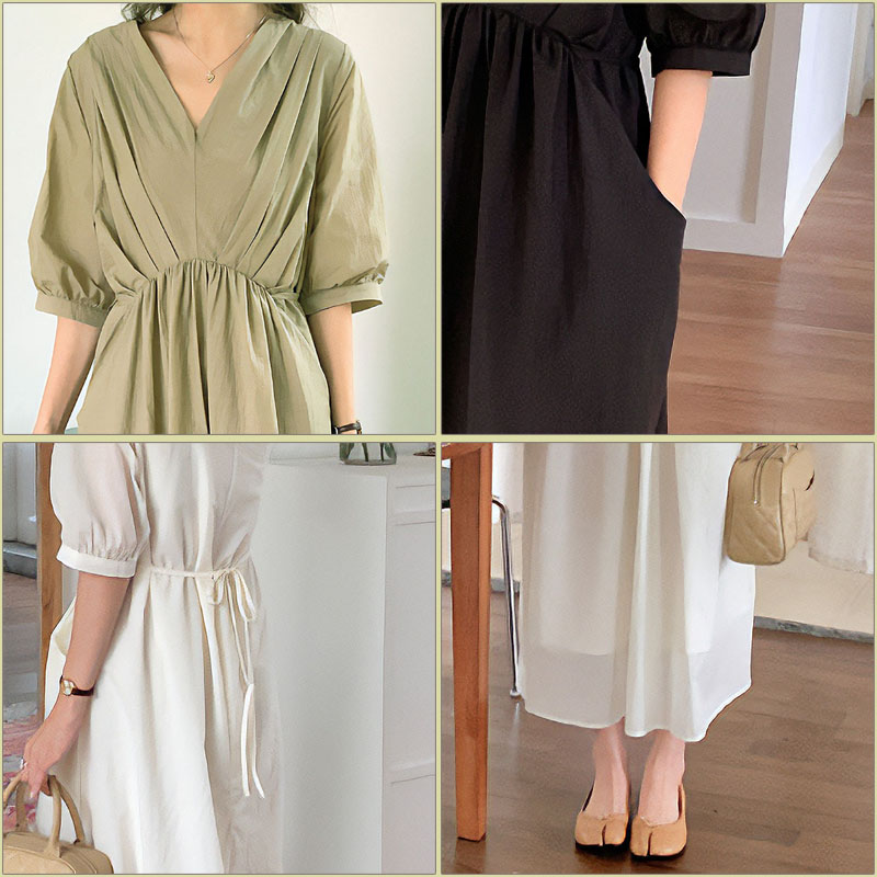 ワンピース 半袖 レディース ロングワンピース タック Vネック 着やせ 配色 きれいめ 旅行 脚長効果 dress |  | 20