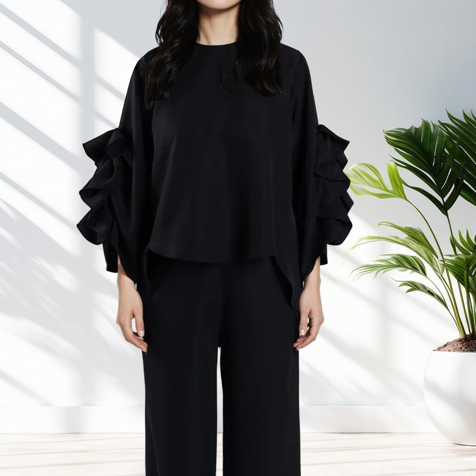 セットアップ レディース 春夏 きれいめ パンツスーツ セミフォーマル ブラック フリル ブラウス パンツ |  | 17