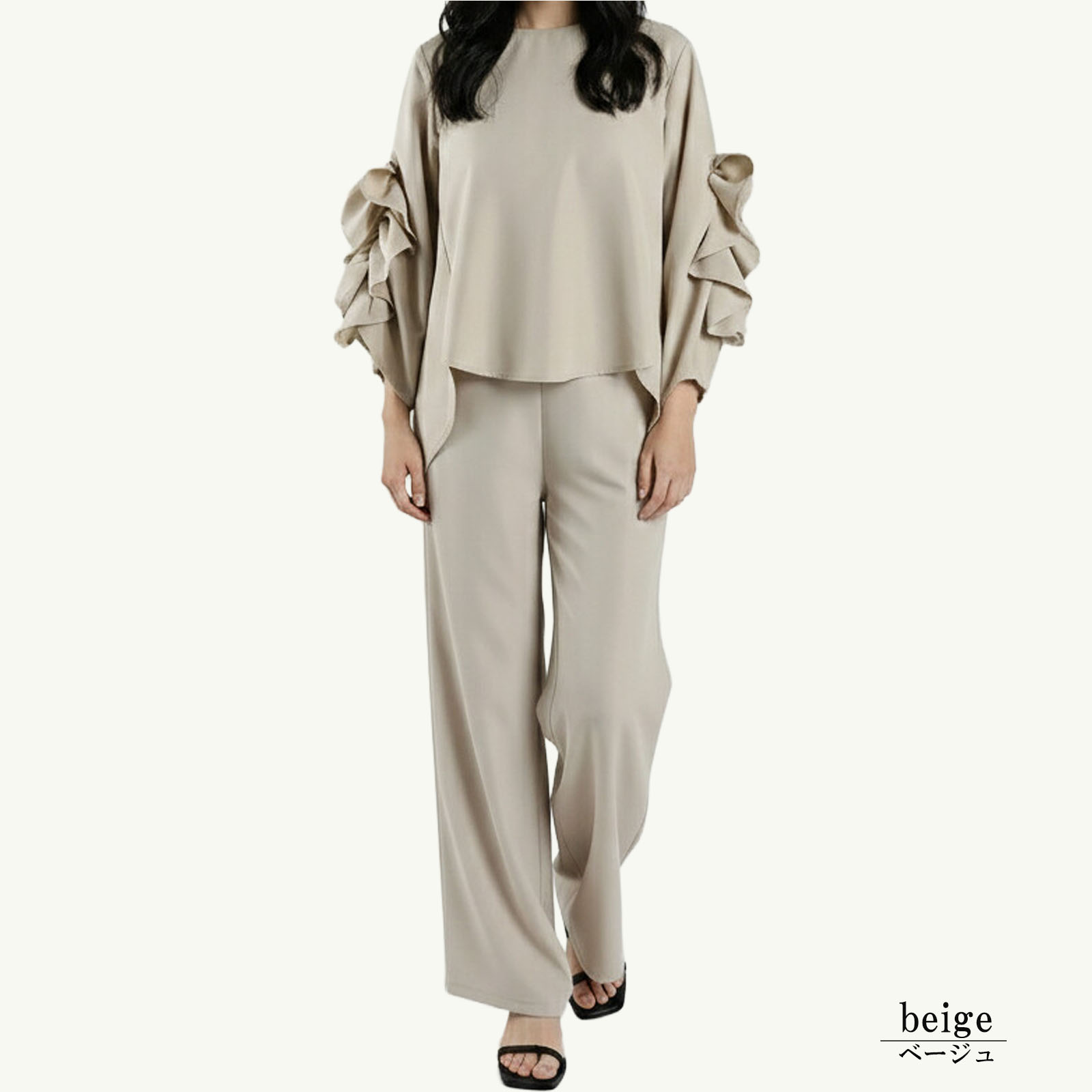 セットアップ レディース 春夏 きれいめ パンツスーツ セミフォーマル ブラック フリル ブラウス パンツ |  | 01