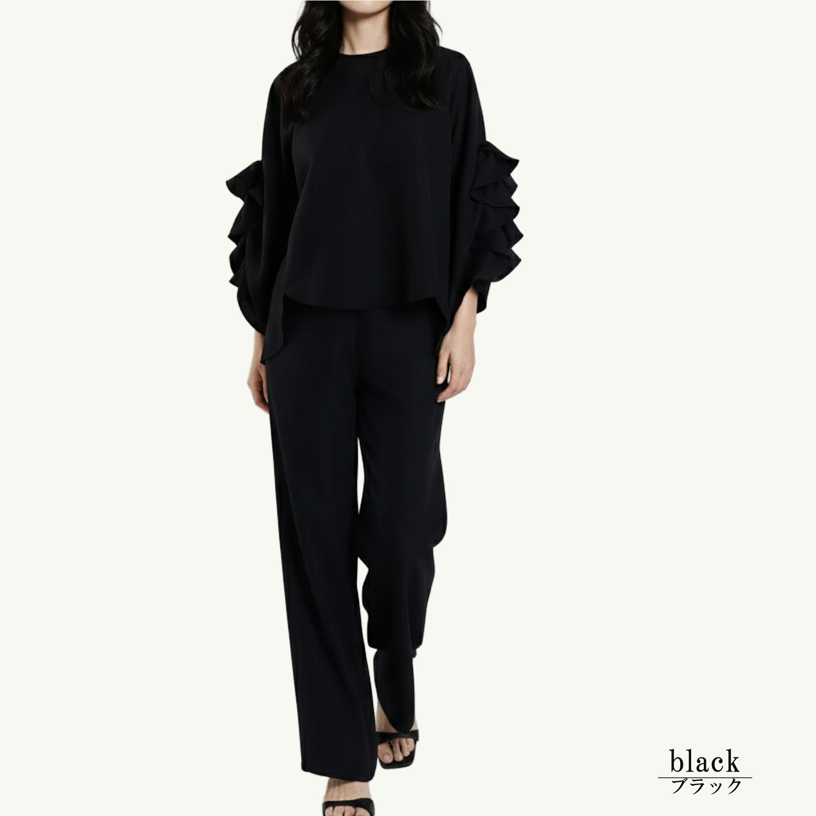 セットアップ レディース 春夏 きれいめ パンツスーツ セミフォーマル ブラック フリル ブラウス パンツ |  | 03