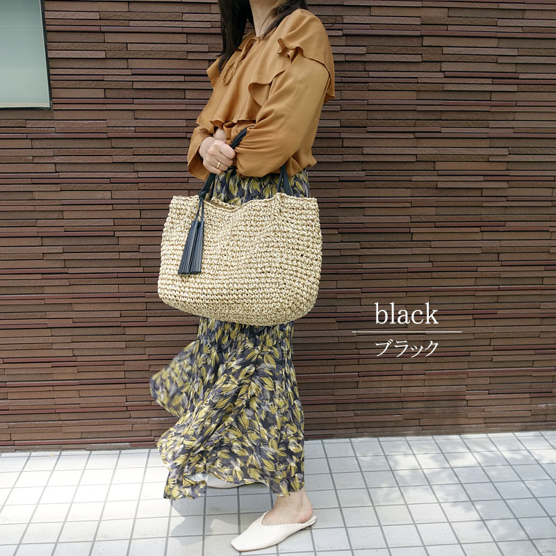 かごバッグ レディース トートバッグ 大きめ ショルダーバッグ 軽量 手提げ A4 ペーパーバッグ 籠編み フリンジ |  | 08