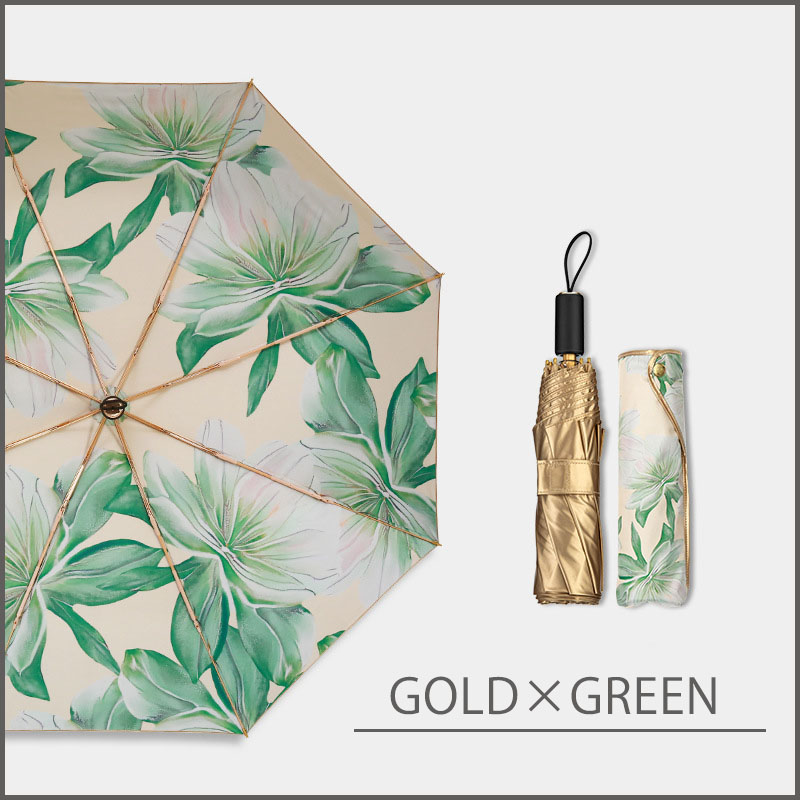 日傘 折りたたみ 晴雨兼用 完全遮光 レディース コンパクト 撥水 遮熱 デイリー ボタニカル柄 ゴールド 軽量 umbrella |  | 01