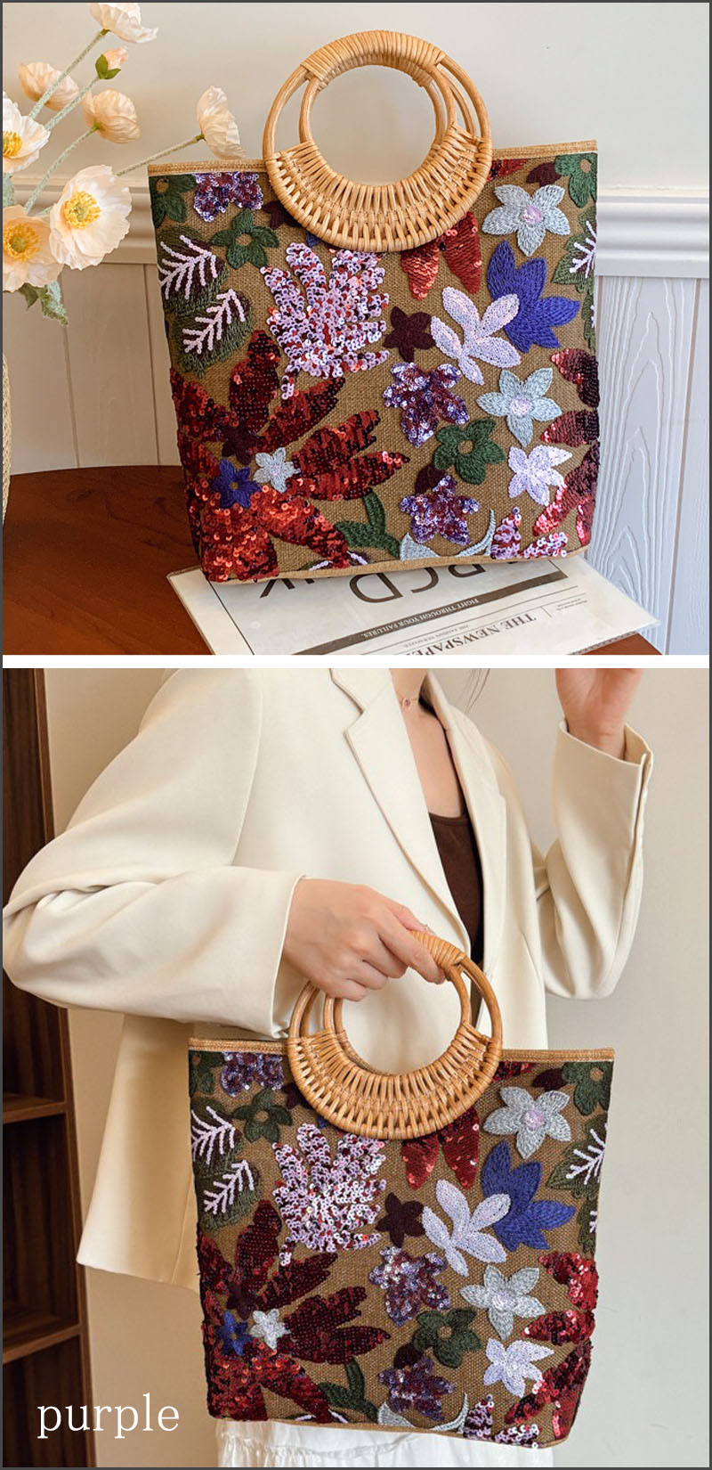 トートバッグ 刺繍 ファスナー スパンコール キャンバス バンブーハンドル キャンバス |  | 14