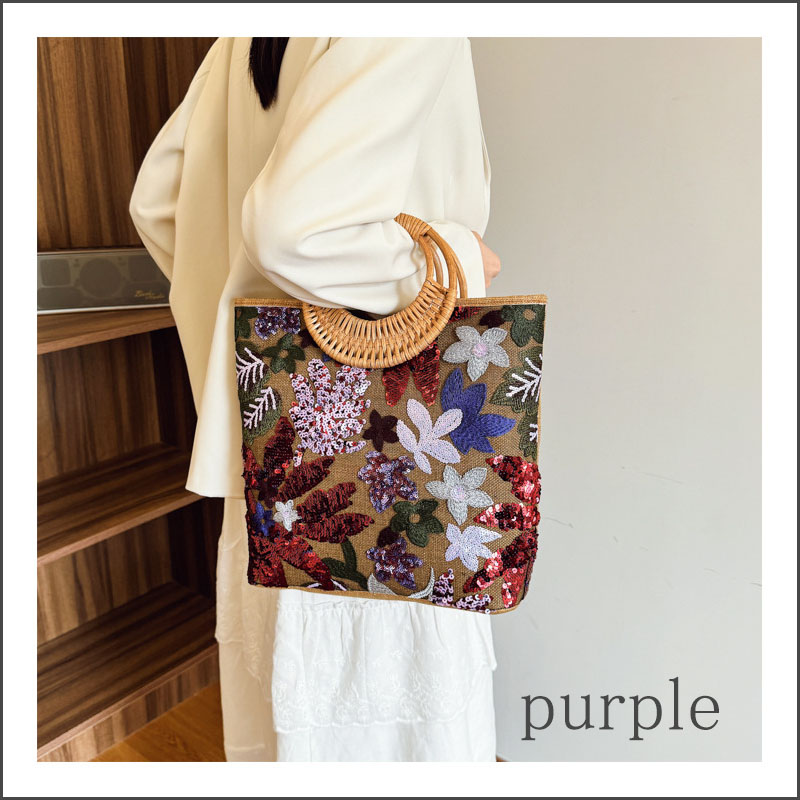 トートバッグ 刺繍 ファスナー スパンコール キャンバス バンブーハンドル キャンバス |  | 15