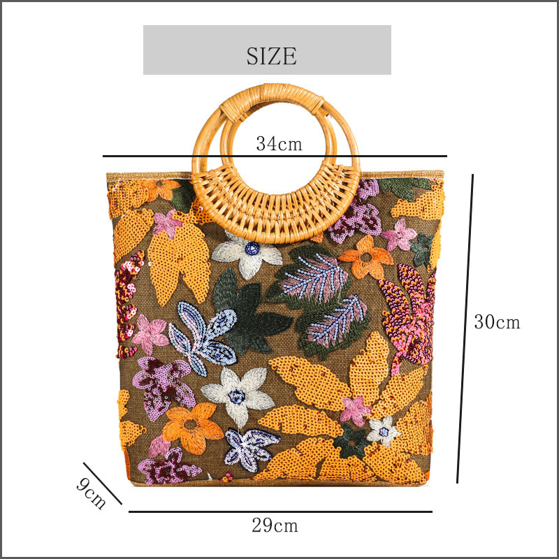 トートバッグ 刺繍 ファスナー スパンコール キャンバス バンブーハンドル キャンバス |  | 18