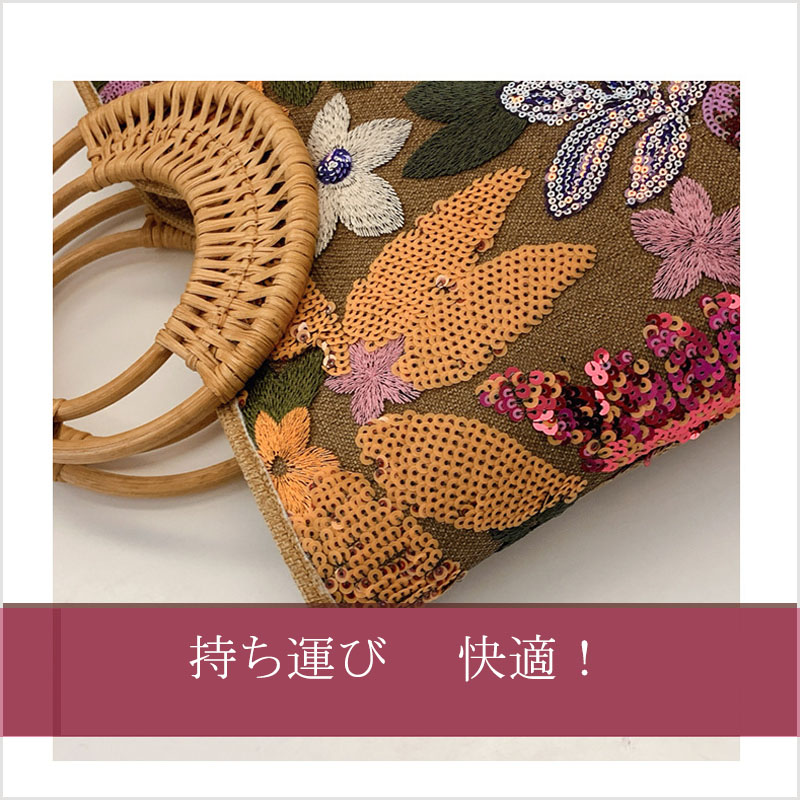 トートバッグ 刺繍 ファスナー スパンコール キャンバス バンブーハンドル キャンバス |  | 08