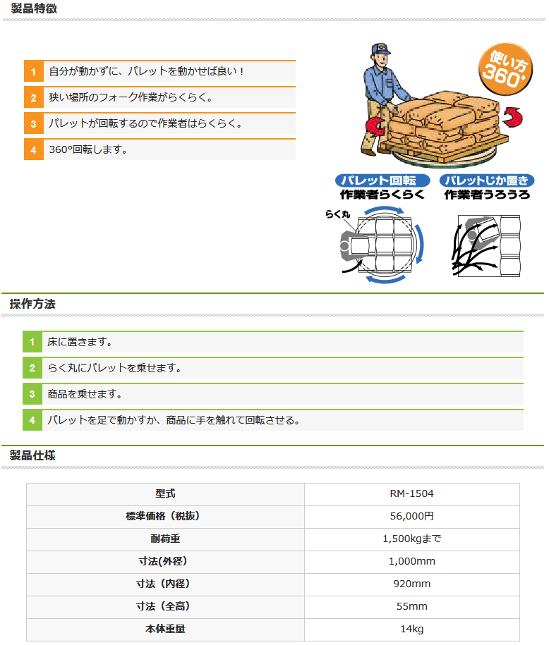 ホクエツ パレット用回転テーブル らく丸 RM-1504 パレット/回転