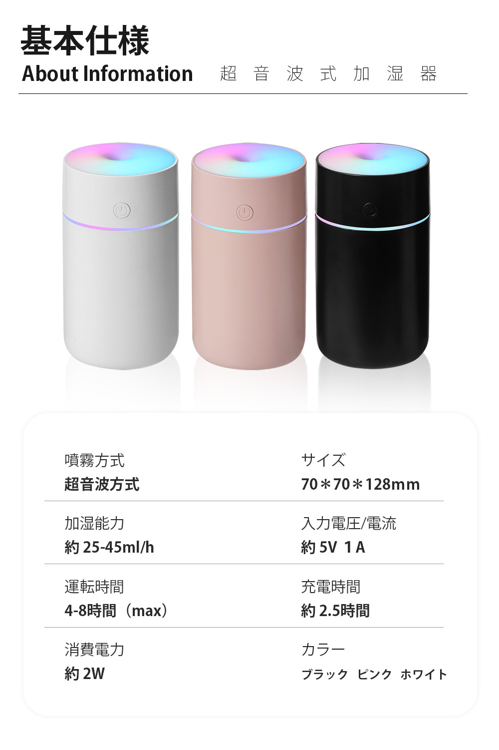 加湿器 超音波式 卓上 ナノミスト 噴霧 コンパクト USB充電 LEDライト