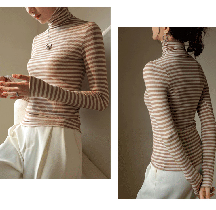 カットソー インナー レディース トップス 長袖 ボーダー柄 ハイネック