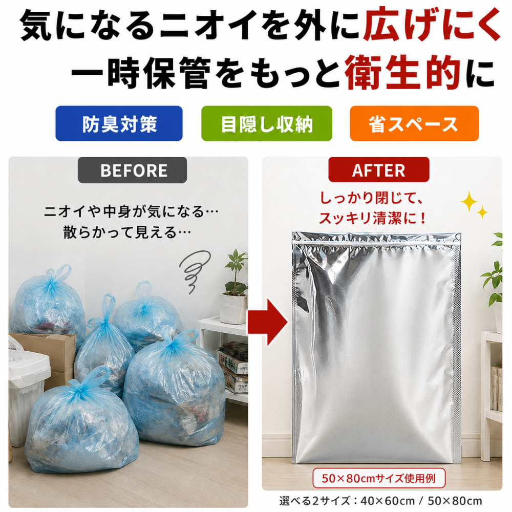 防災圧縮袋 アルミ蒸着 5枚入り 40×60cm 50×80cm 選べる2サイズ 自封チャック付き 防災用品 防臭 ゴミ圧縮 密封 バリア素材 臭い漏れ対策 汚物 生ゴミ一時保管 関連画像2