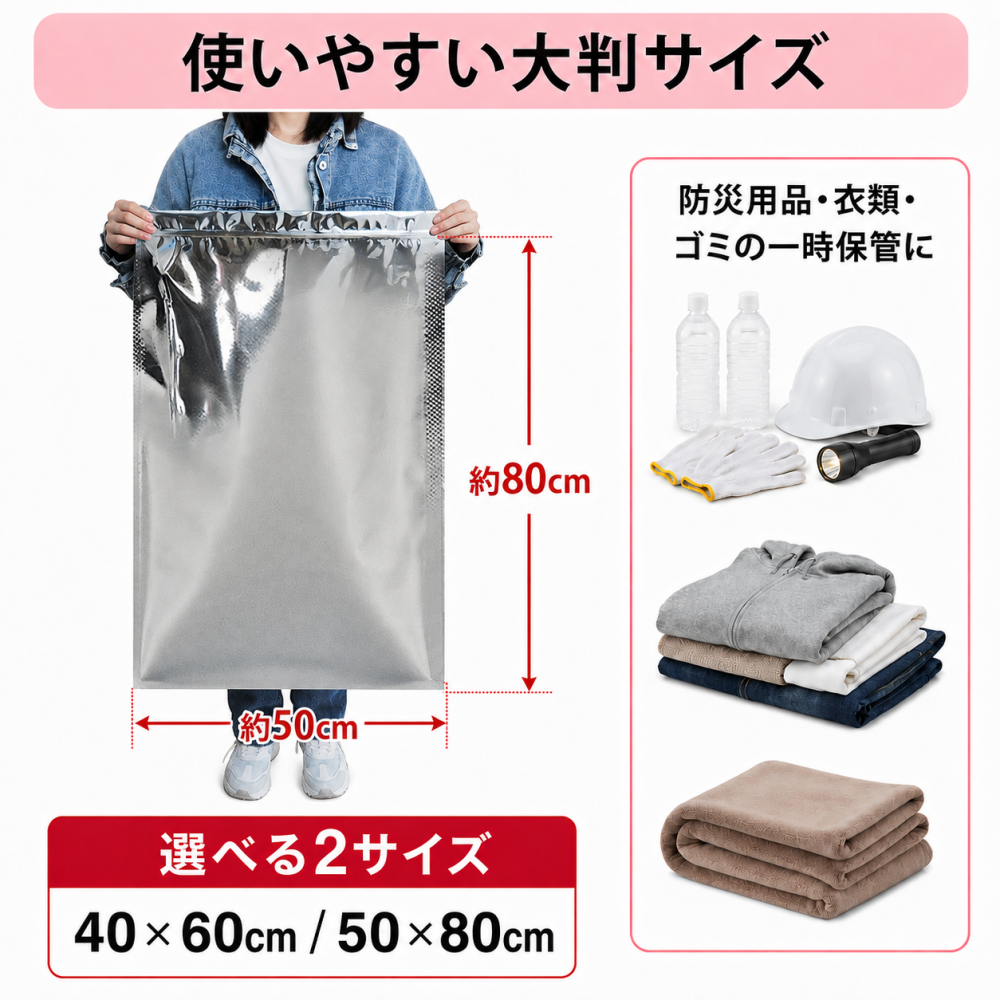 防災圧縮袋 アルミ蒸着 5枚入り 40×60cm 50×80cm 選べる2サイズ 自封チャック付き 防災用品 防臭 ゴミ圧縮 密封 バリア素材 臭い漏れ対策 汚物 生ゴミ一時保管 関連画像3