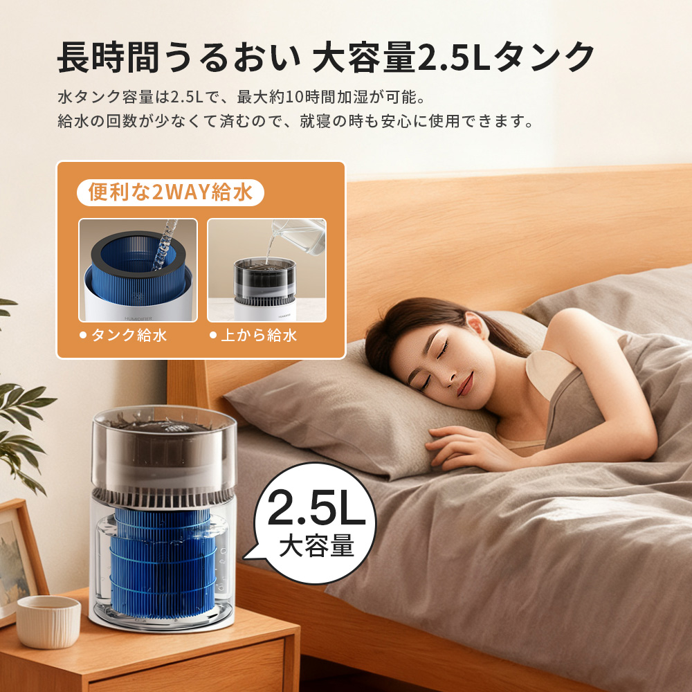 加湿器 大容量気化式加湿器 卓上 お手入れ簡単 気化式 上から給水 2.5L