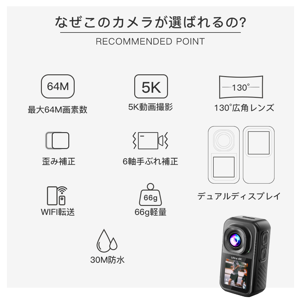 アクションカメラ ウェアラブルカメラ 6軸手ブレ補正 5K 高画質 30M防水 130° 超広角レンズ デュアルスクリーン 大容量バッテリー 水中カメラ 動画撮影 Vlog 関連画像3