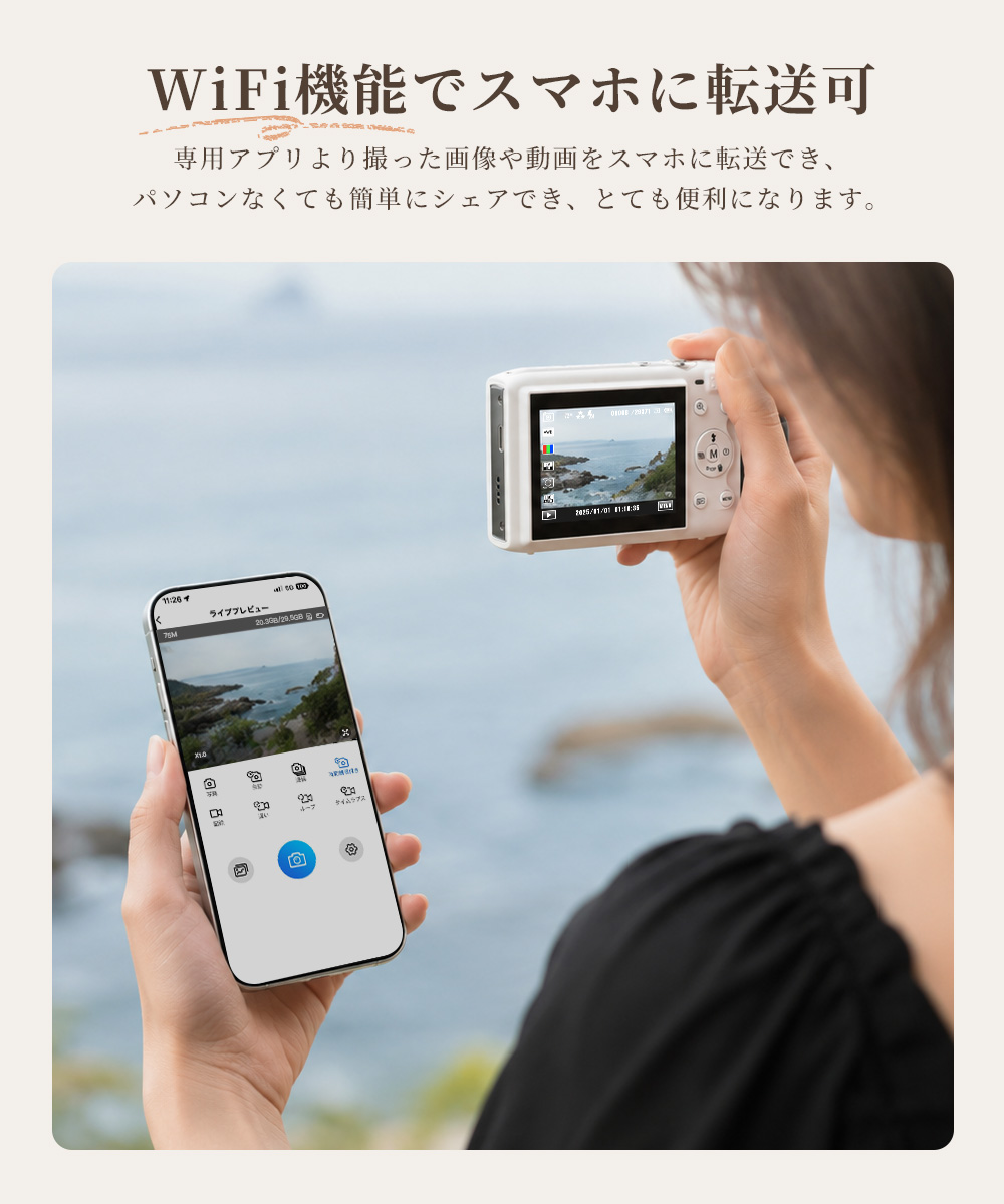 デジタルカメラ カメラ WIFI対応 7200万画素 コンデジ 5K 日本製チップ