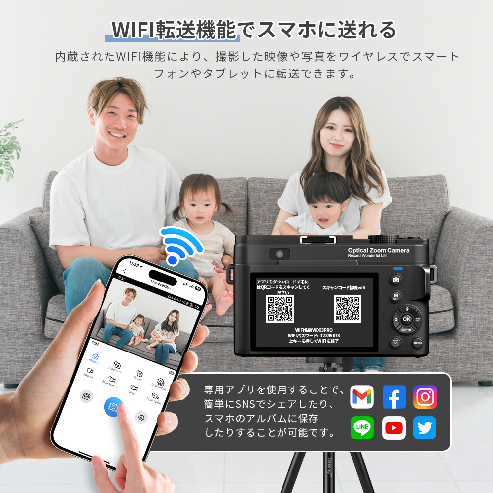デジタルカメラ デジカメ 4K 7500万画素 日本製CMOS 12倍光学ズーム 多