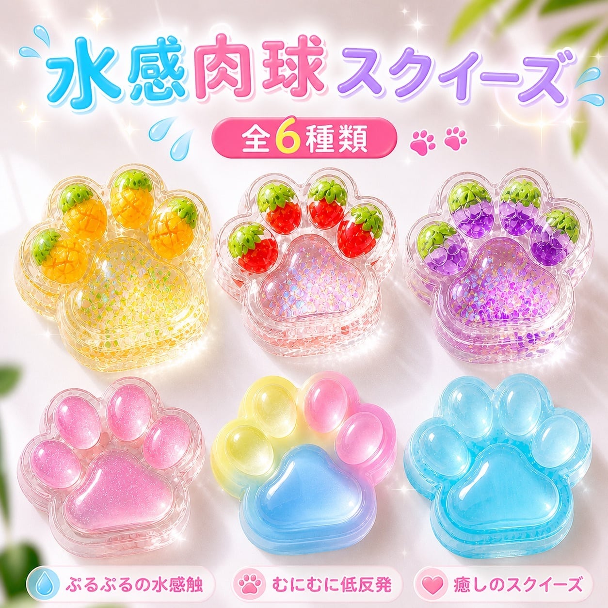 肉球 スクイーズ 水感 ぷにぷに むにむに 癒し系 ストレス解消 全6種類