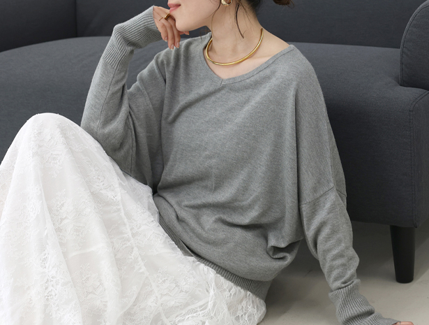 ニット Vネック ボートネック 2way ドルマン ドロップショルダー 着痩せ 華奢 きれいめ　リブ袖Vネック2WAYドルマンプルオーバー メール便可/ma3