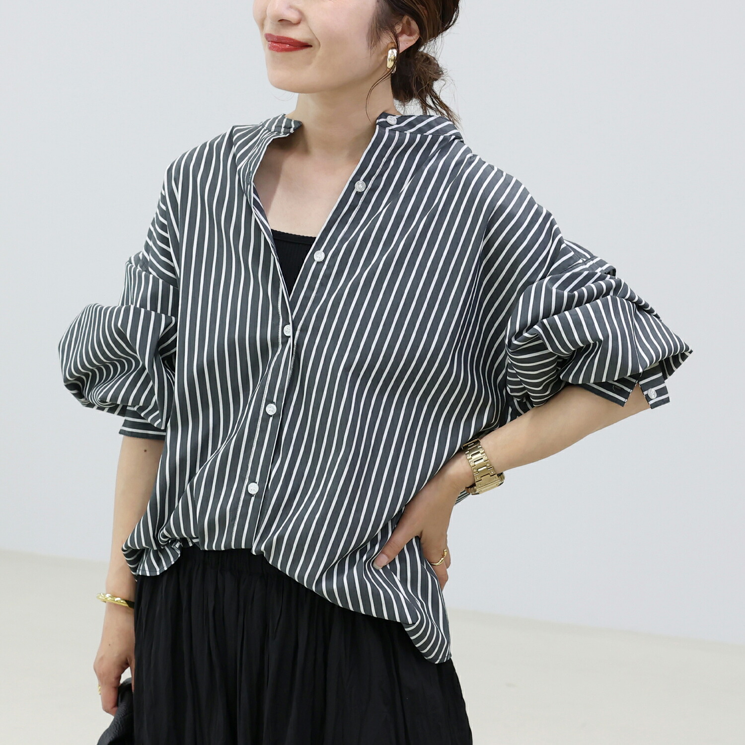 Aletta vita シャツ ストライプ 長袖 フレンチ リムーバルスリーブ