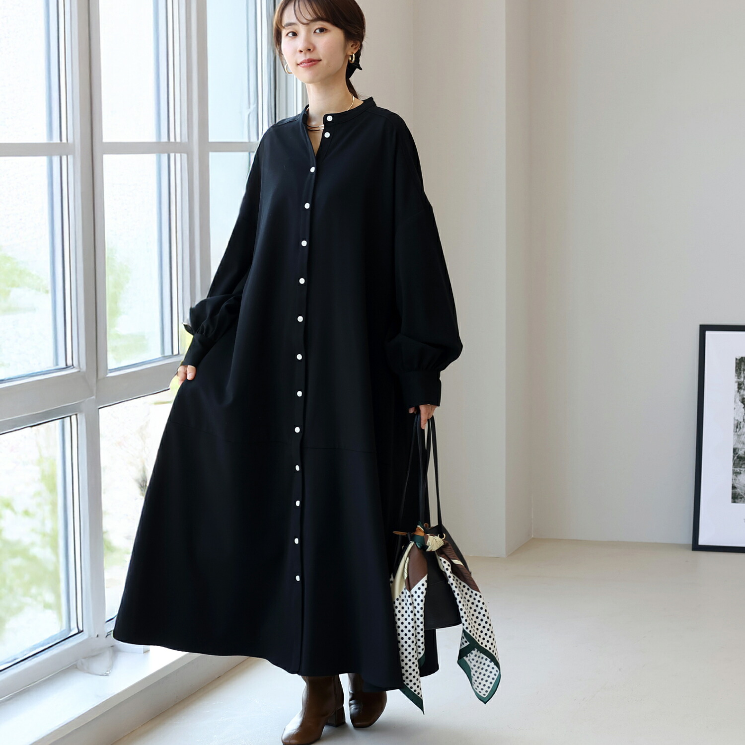 Aletta vita ワンピース ロングワンピース バンドカラー 前開き シャツ