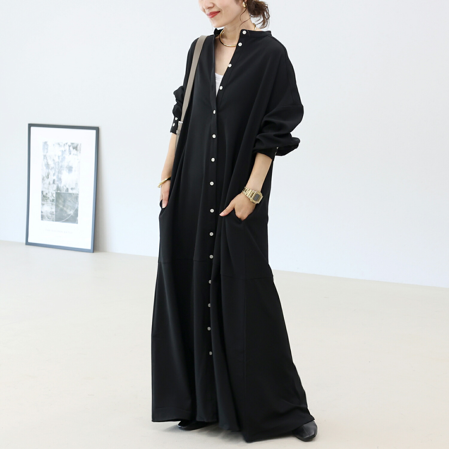 Aletta vita ワンピース ロングワンピース バンドカラー 前開き シャツ