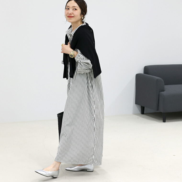 アイボリー シャツワンピース 長袖 黒襟 Aletta vita ワンピース ロング 30代 40代 50代 体型カバー シャツ襟