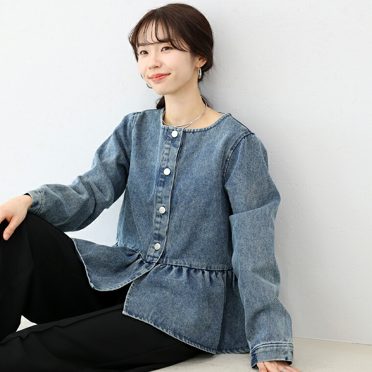 美品 アドーア ペプラム ジップアップノーカラー ブルゾン◆ブルー Aletta vita アウター ジャケット デニム ペプラム ノーカラー